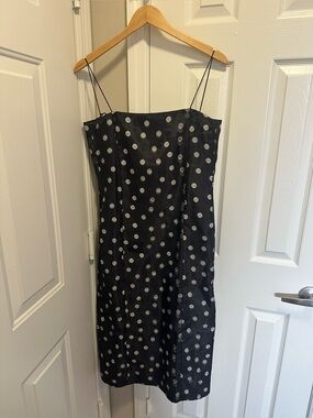 STINE GOYA Black Slip Midi Dress with Silver Polka Dots